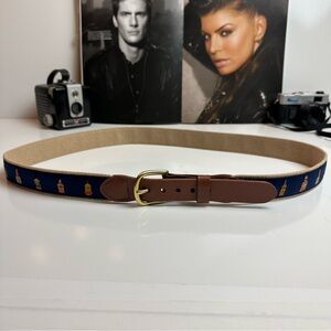 Vintage Golf Core Embroidered Novelty Belt Blue & Tan Canvas Leather